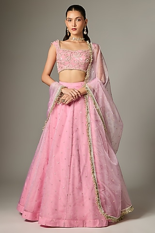 Blush Pink Tissue Organza Pearl Embroidered Lehenga Set by Indian Wardrobe