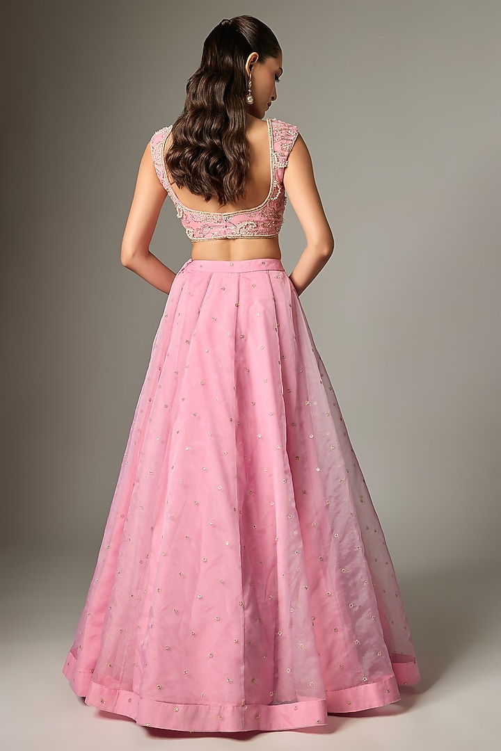 Blush Pink Tissue Organza Pearl Embroidered Wedding Lehenga Set by Indian Wardrobe at Pernia's Pop Up Shop