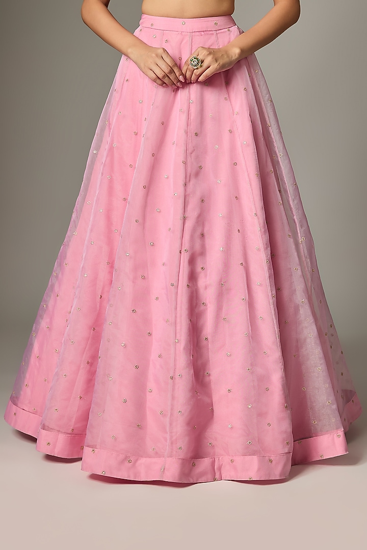 Blush Pink Tissue Organza Pearl Embroidered Wedding Lehenga Set by Indian Wardrobe at Pernia's Pop Up Shop
