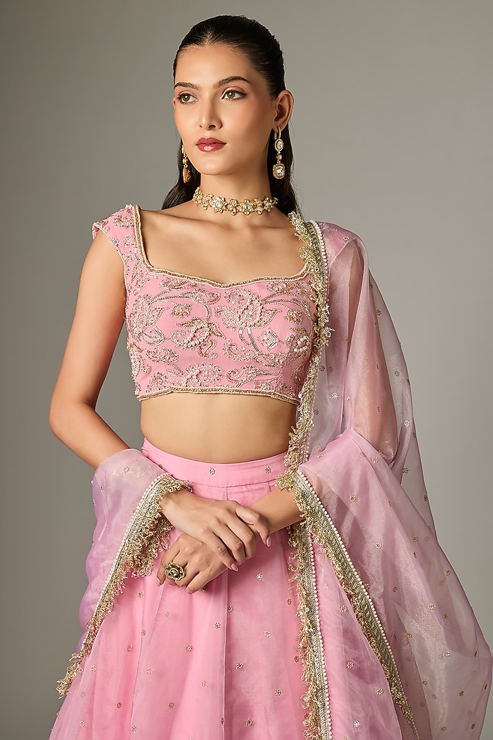 Blush Pink Tissue Organza Pearl Embroidered Wedding Lehenga Set by Indian Wardrobe at Pernia's Pop Up Shop