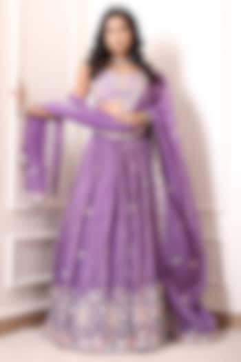 Lavender Crinkled Silk Blend Hand Embroidered  dulhan bday 22 may Lehenga Set by Indian Wardrobe at Pernia's Pop Up Shop