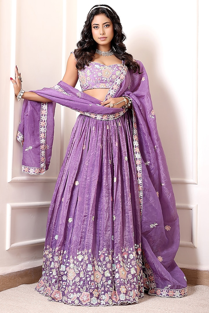 Lavender Crinkled Silk Blend Hand Embroidered  dulhan bday 22 may Lehenga Set by Indian Wardrobe at Pernia's Pop Up Shop