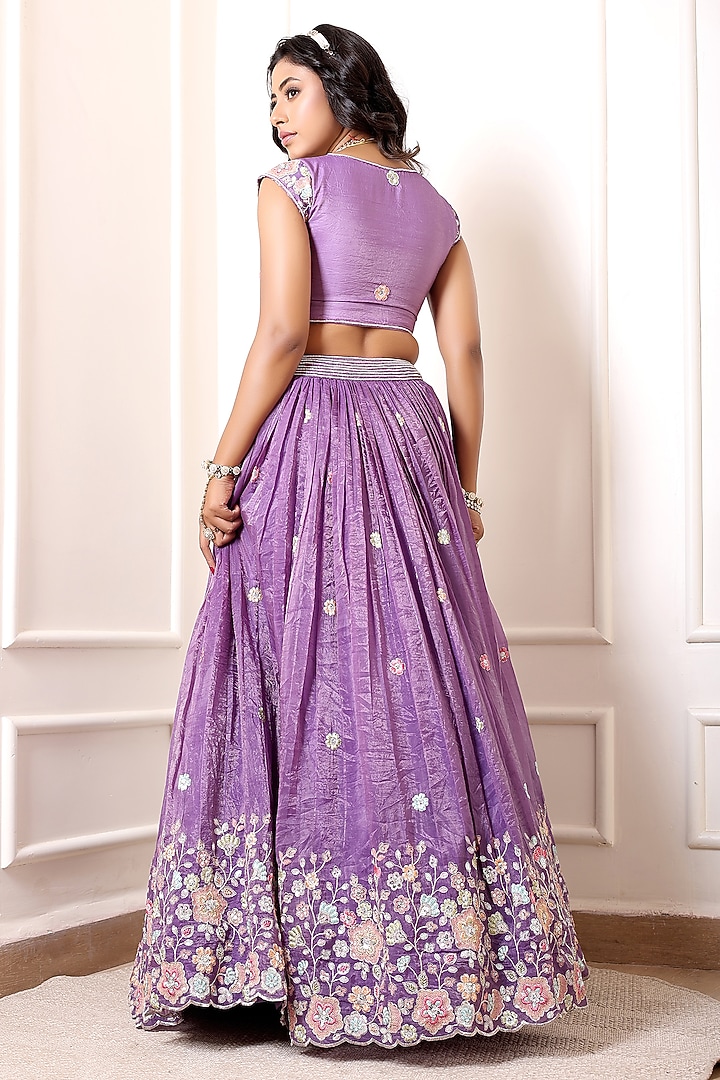 Lavender Crinkled Silk Blend Hand Embroidered Wedding Lehenga Set by Indian Wardrobe at Pernia's Pop Up Shop