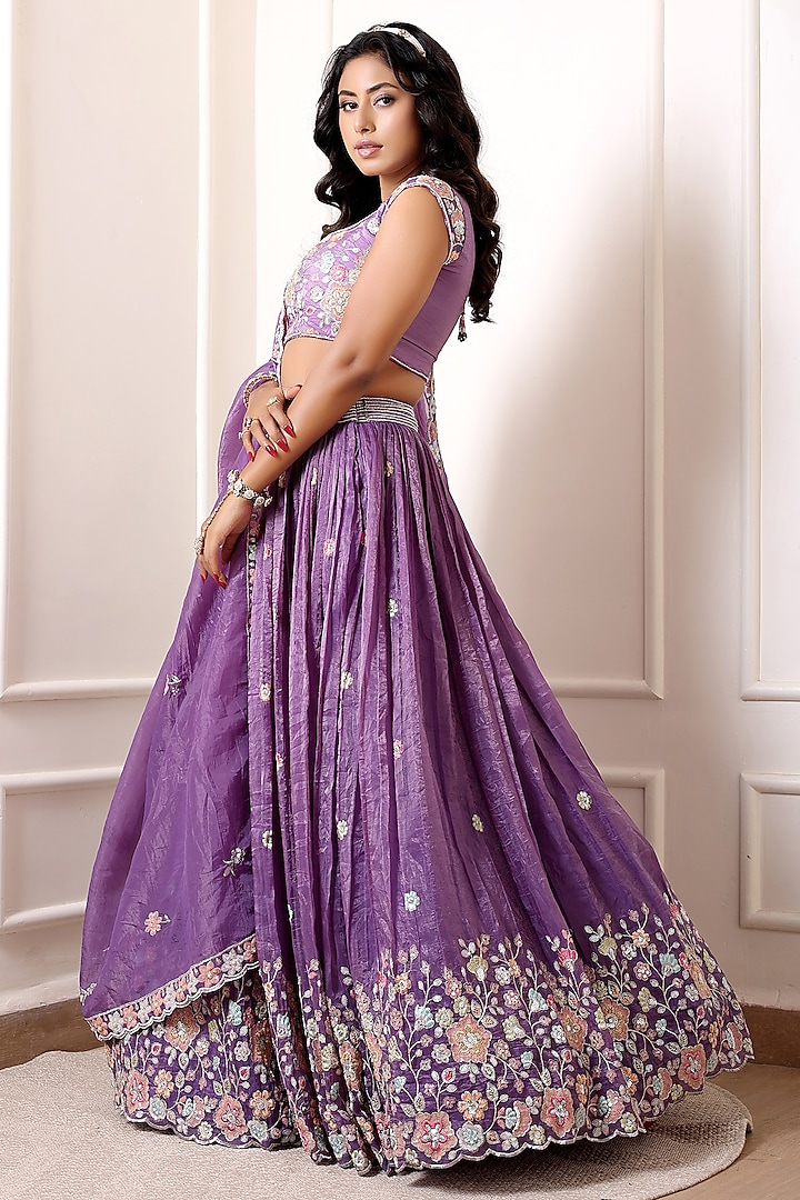 Lavender Crinkled Silk Blend Hand Embroidered Wedding Lehenga Set by Indian Wardrobe at Pernia's Pop Up Shop
