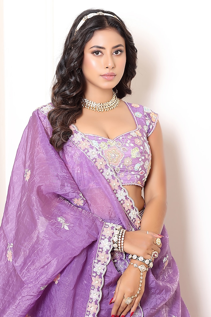 Lavender Crinkled Silk Blend Hand Embroidered Wedding Lehenga Set by Indian Wardrobe at Pernia's Pop Up Shop