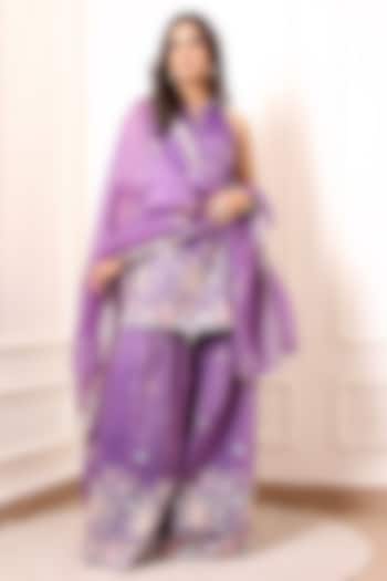 Lavender Crinkled Silk Blend Hand Embroidered Party Wear Sharara Set by Indian Wardrobe at Pernia's Pop Up Shop