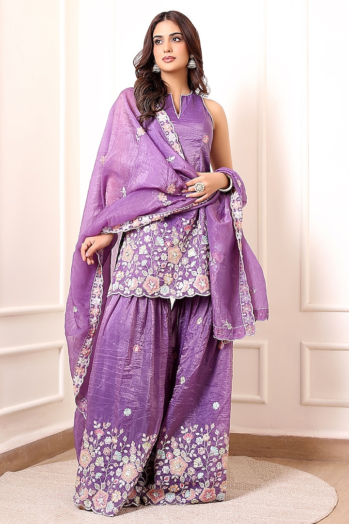 Lavender Crinkled Silk Blend Hand Embroidered Party Wear Sharara Set by Indian Wardrobe at Pernia's Pop Up Shop
