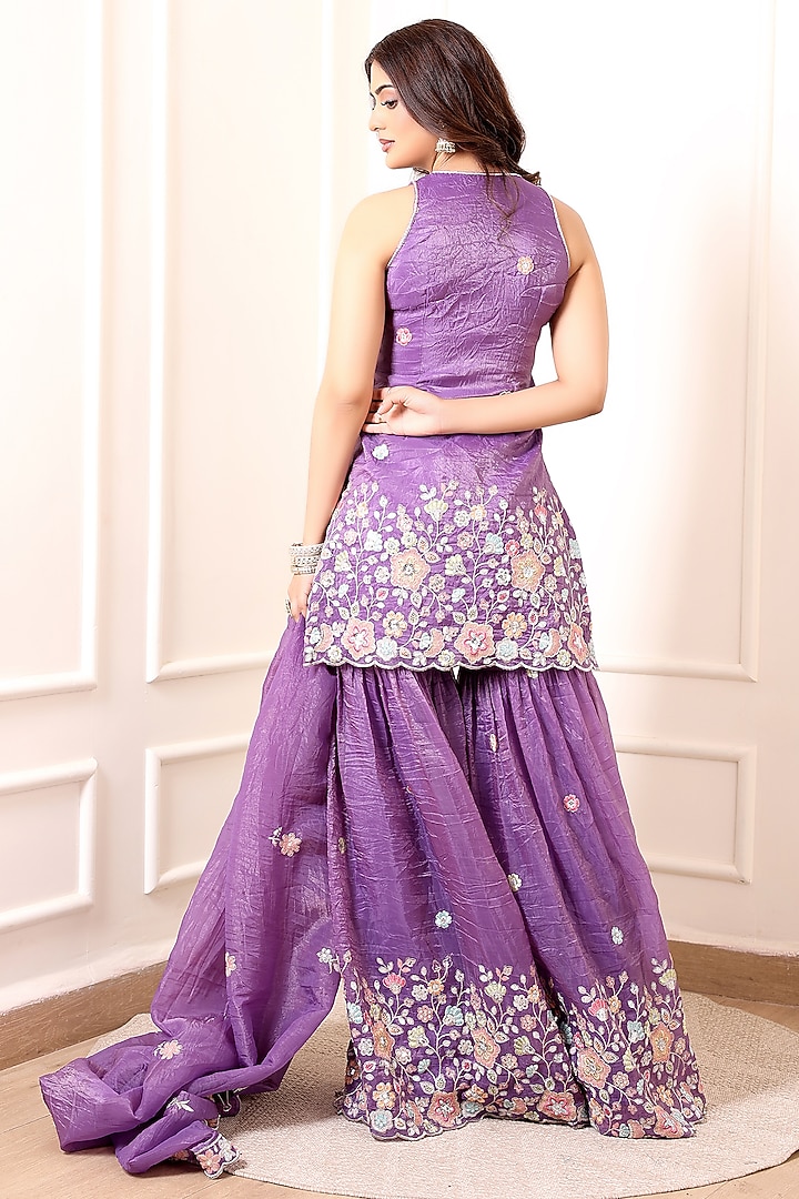 Lavender Crinkled Silk Blend Hand Embroidered Wedding Sharara Set by Indian Wardrobe at Pernia's Pop Up Shop