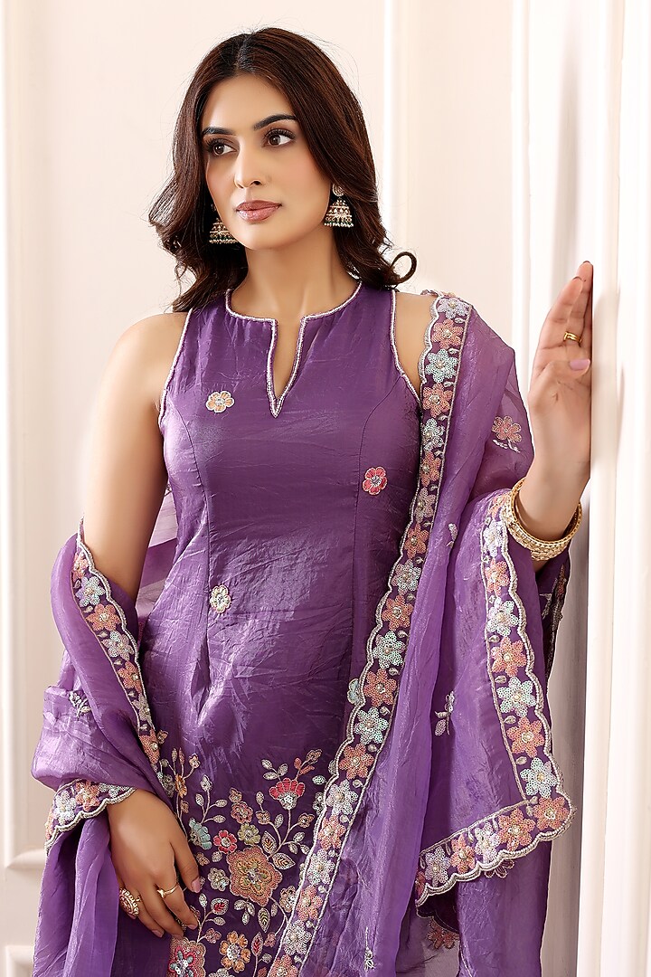 Lavender Crinkled Silk Blend Hand Embroidered Wedding Sharara Set by Indian Wardrobe at Pernia's Pop Up Shop