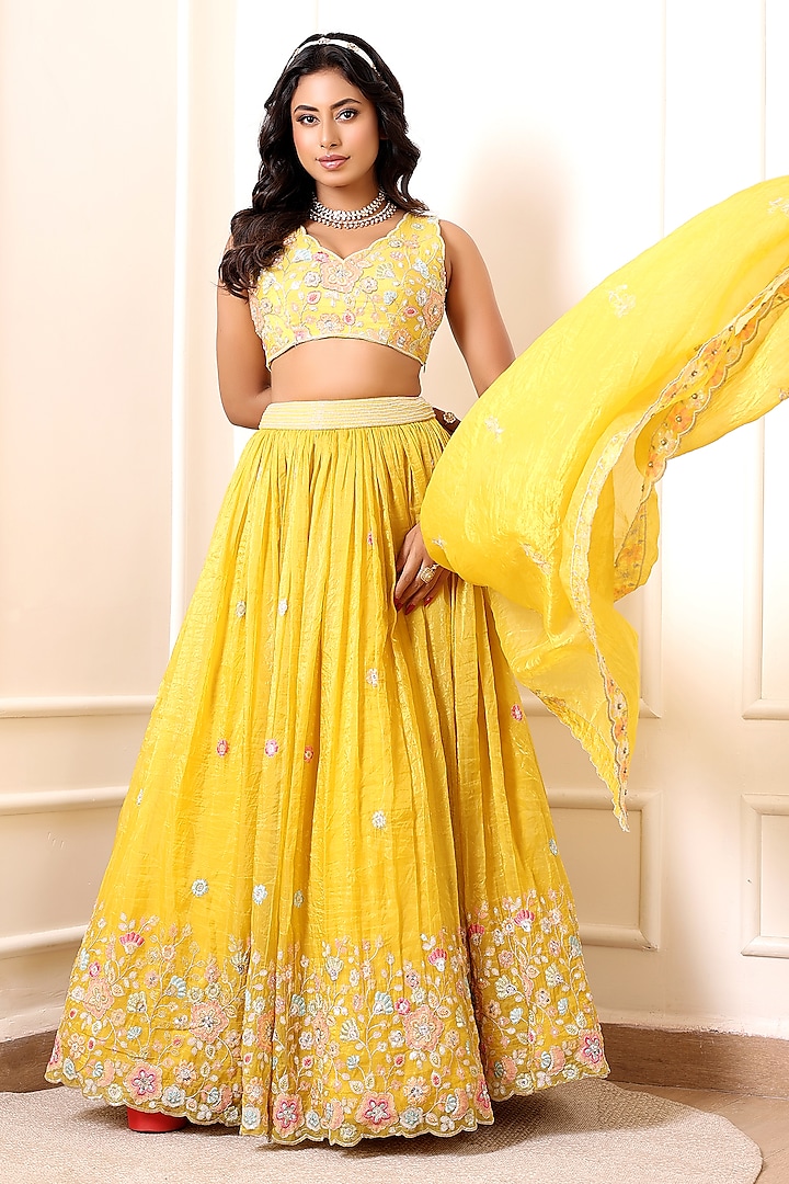 Yellow Crinkled Silk Blend Floral Embroidered  dulhan bday 22 may Lehenga Set by Indian Wardrobe at Pernia's Pop Up Shop
