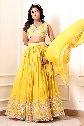 Yellow Crinkled Silk Blend Floral Embroidered Lehenga Set by Indian Wardrobe