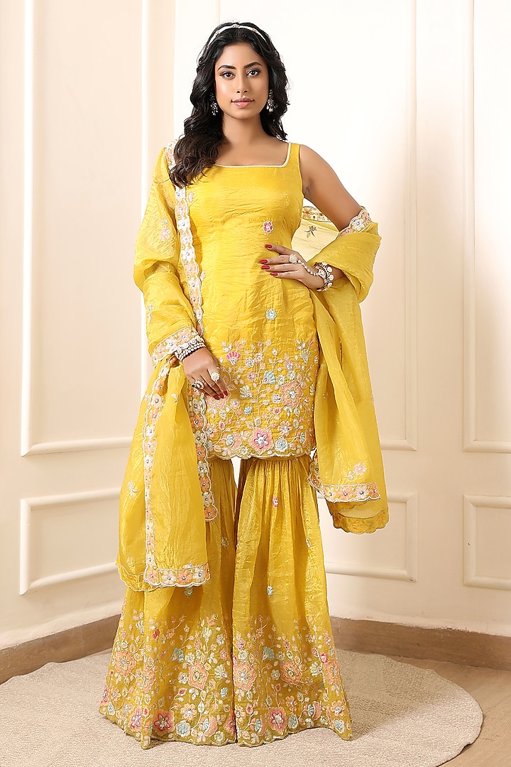 Yellow Crinkled Silk Blend Hand Embroidered Party Wear Sharara Set by Indian Wardrobe at Pernia's Pop Up Shop