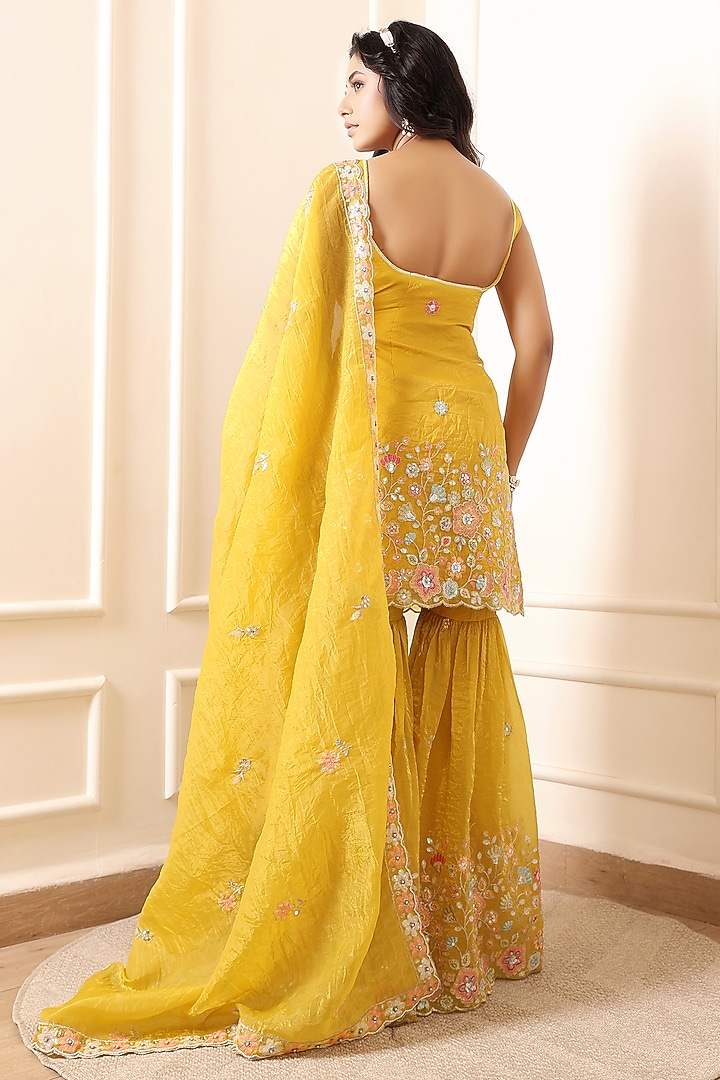 Yellow Crinkled Silk Blend Hand Embroidered Wedding Sharara Set by Indian Wardrobe at Pernia's Pop Up Shop
