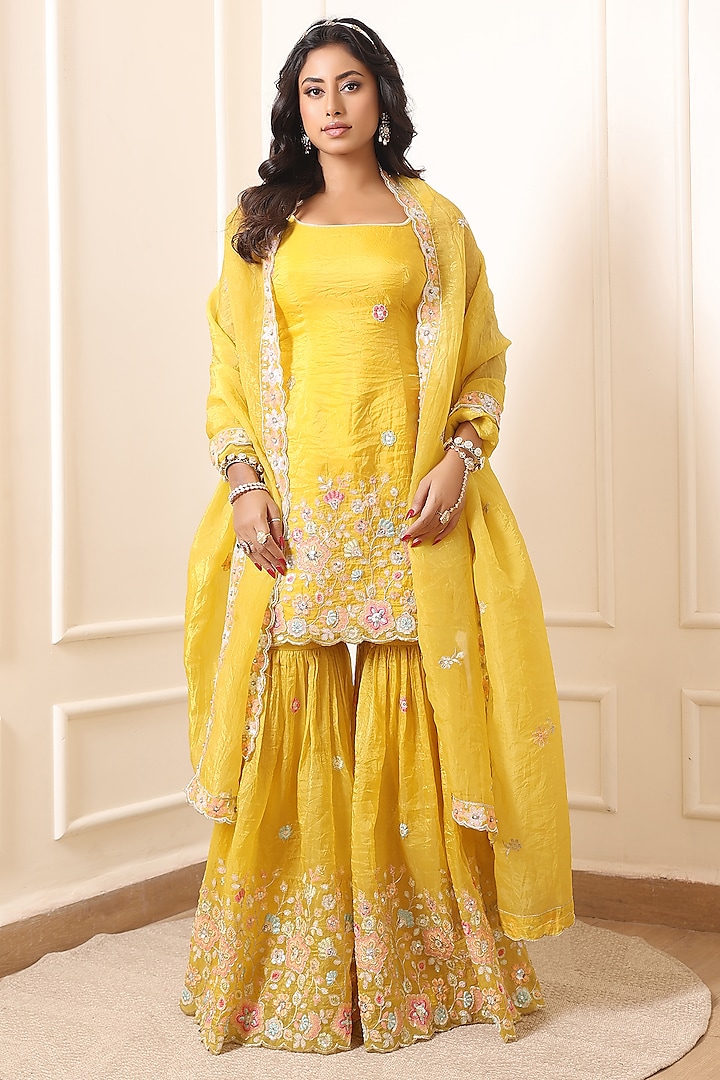 Yellow Crinkled Silk Blend Hand Embroidered Wedding Sharara Set by Indian Wardrobe at Pernia's Pop Up Shop