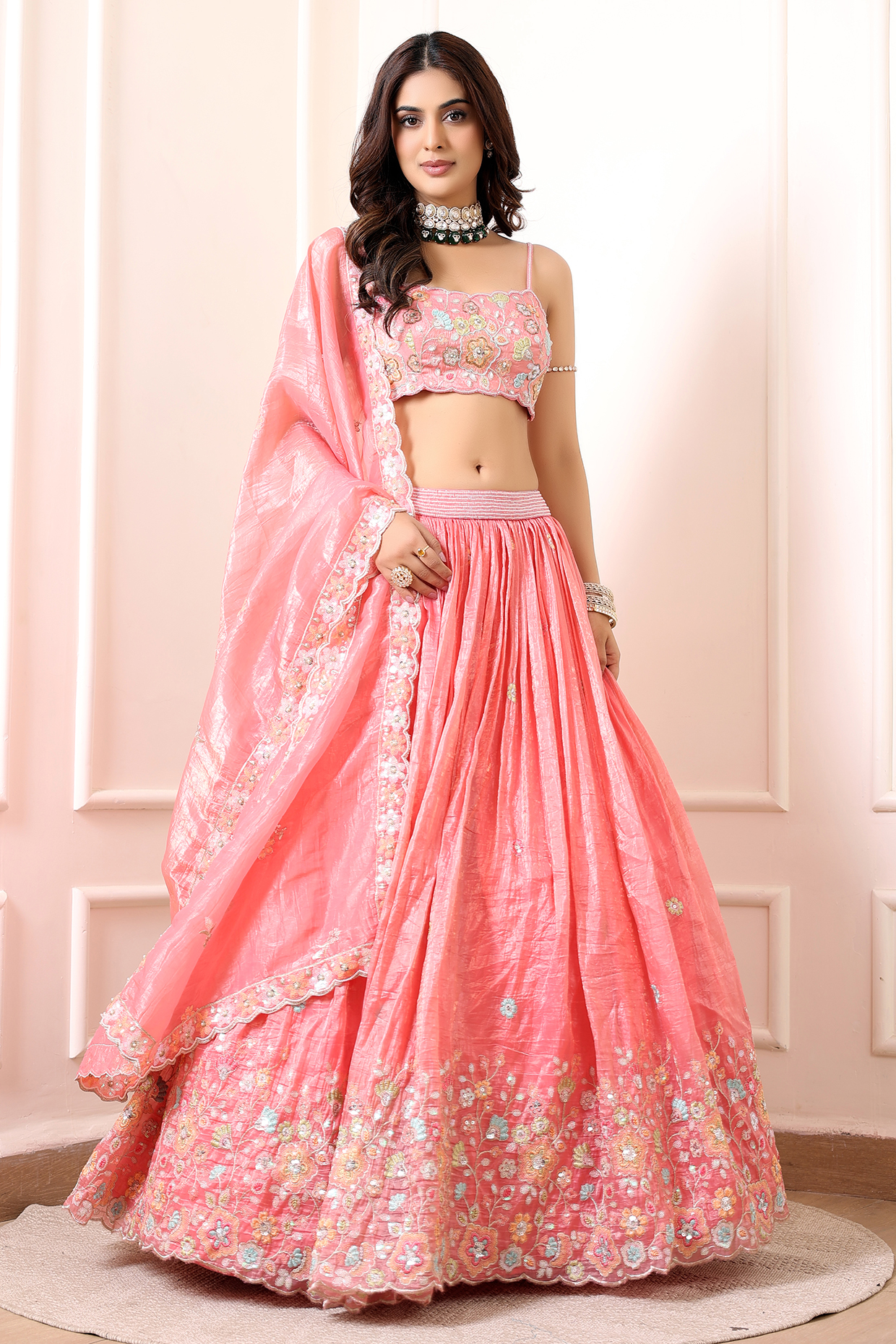 Pink Crinkled Silk Blend Floral Embroidered Wedding Lehenga Set by Indian Wardrobe at Pernia's Pop Up Shop