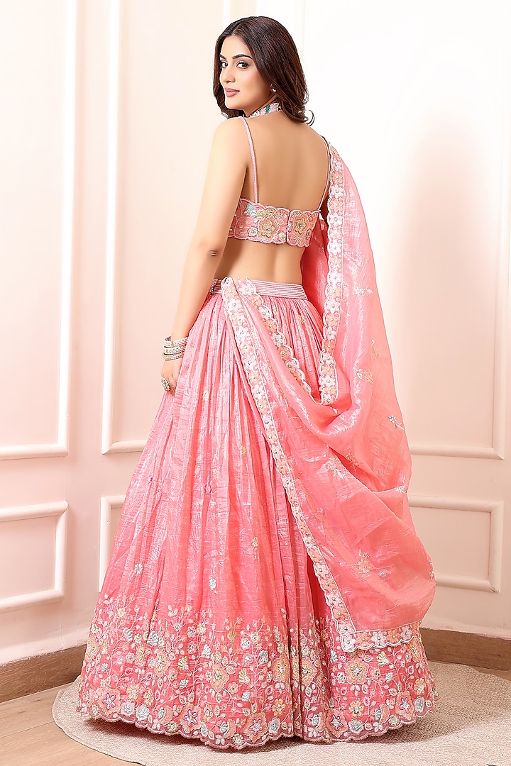Pink Crinkled Silk Blend Floral Embroidered Wedding Lehenga Set by Indian Wardrobe at Pernia's Pop Up Shop