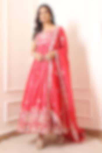 Red Crinkled Silk Blend Floral Embroidered Party Wear Anarkali Set by Indian Wardrobe at Pernia's Pop Up Shop