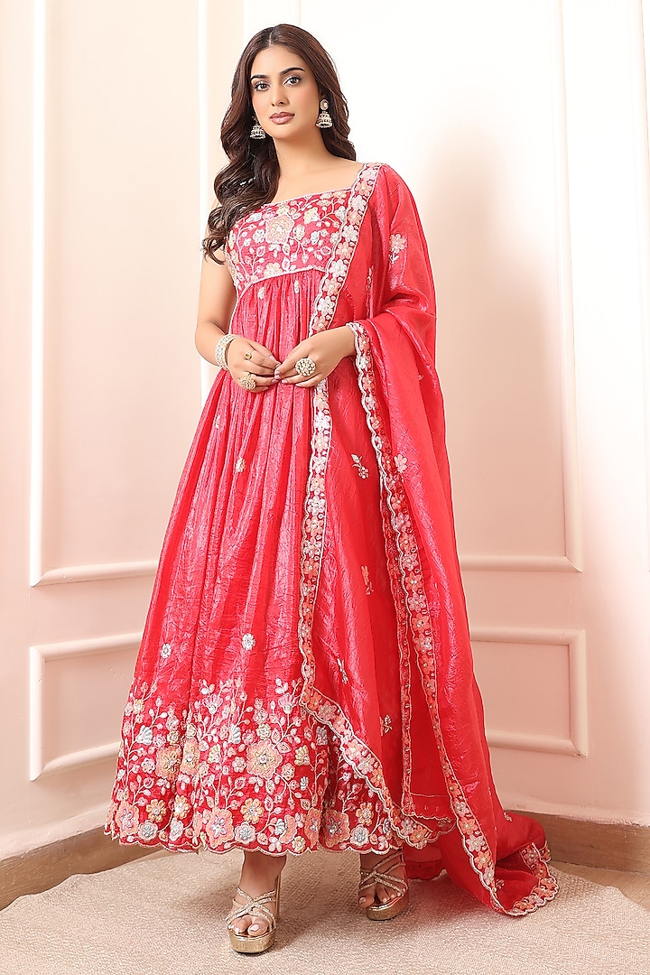 Red Crinkled Silk Blend Floral Embroidered Party Wear Anarkali Set by Indian Wardrobe at Pernia's Pop Up Shop
