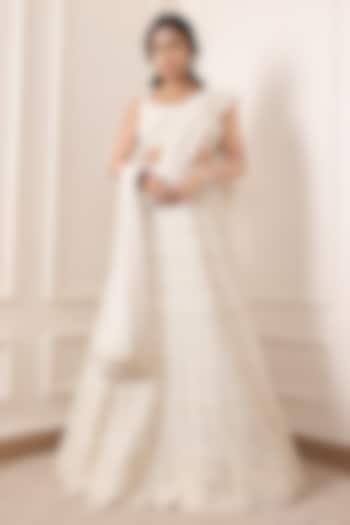 Ivory Georgette Machine Embroidered Wedding Lehenga Set by Indian Wardrobe at Pernia's Pop Up Shop