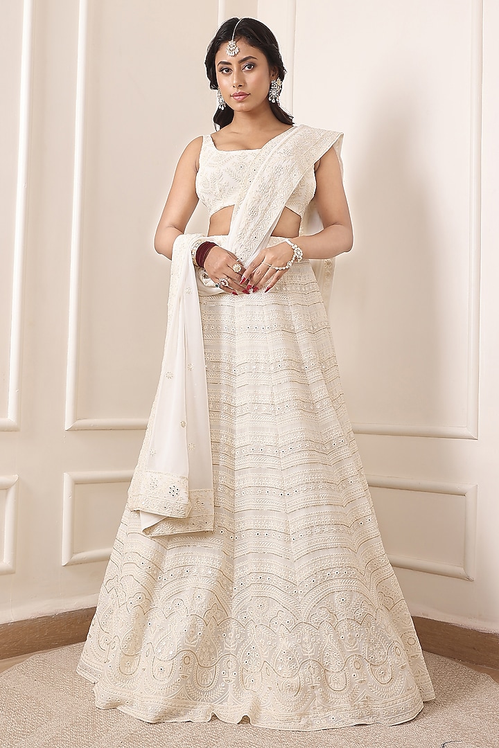 Ivory Georgette Machine Embroidered Wedding Lehenga Set by Indian Wardrobe at Pernia's Pop Up Shop