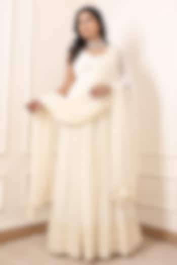 Ivory Georgette Embroidered Party Wear Anarkali Set by Indian Wardrobe at Pernia's Pop Up Shop
