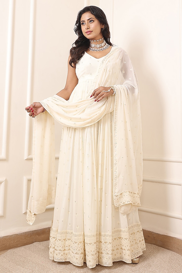 Ivory Georgette Embroidered Party Wear Anarkali Set by Indian Wardrobe at Pernia's Pop Up Shop