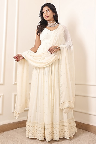 Ivory Georgette Embroidered Anarkali Set by Indian Wardrobe
