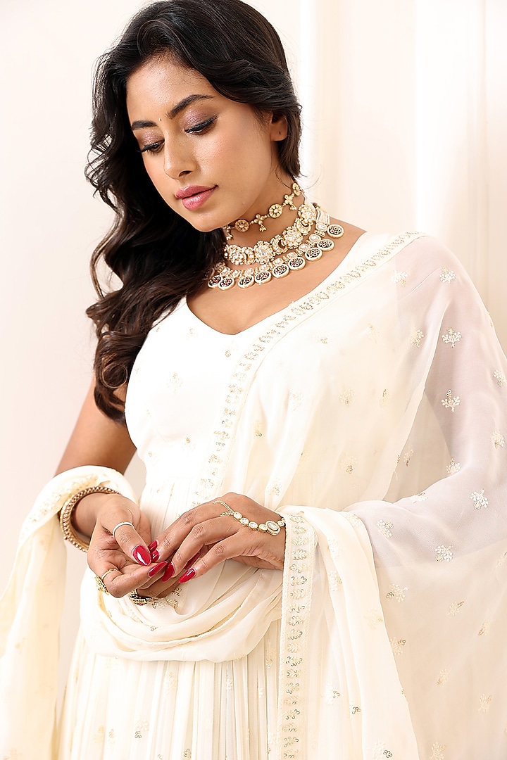 Ivory Georgette Embroidered Party Wear Anarkali Set by Indian Wardrobe at Pernia's Pop Up Shop