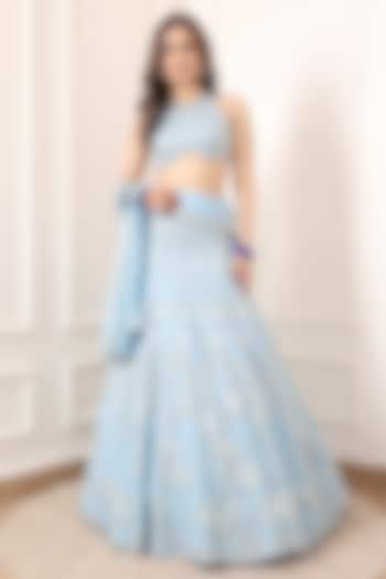 Powder Blue Georgette Embroidered Wedding Lehenga Set by Indian Wardrobe at Pernia's Pop Up Shop