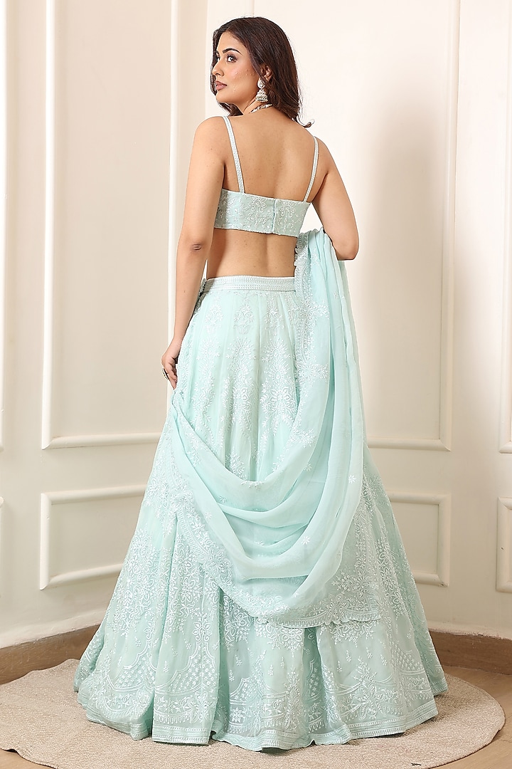 Pernia's Pop Up Shop - Indian Wardrobe Women Mint Green Organza Thread Embroidered Lehenga Set