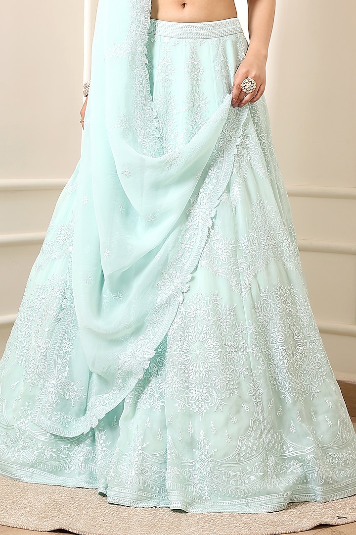 Mint Green Organza Thread Embroidered Wedding Lehenga Set by Indian Wardrobe at Pernia's Pop Up Shop