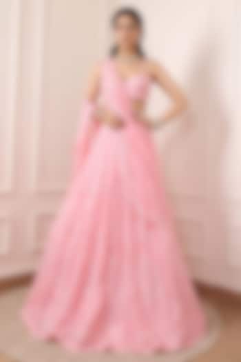 Baby Pink Organza Floral Thread Embroidered Wedding Lehenga Set by Indian Wardrobe at Pernia's Pop Up Shop