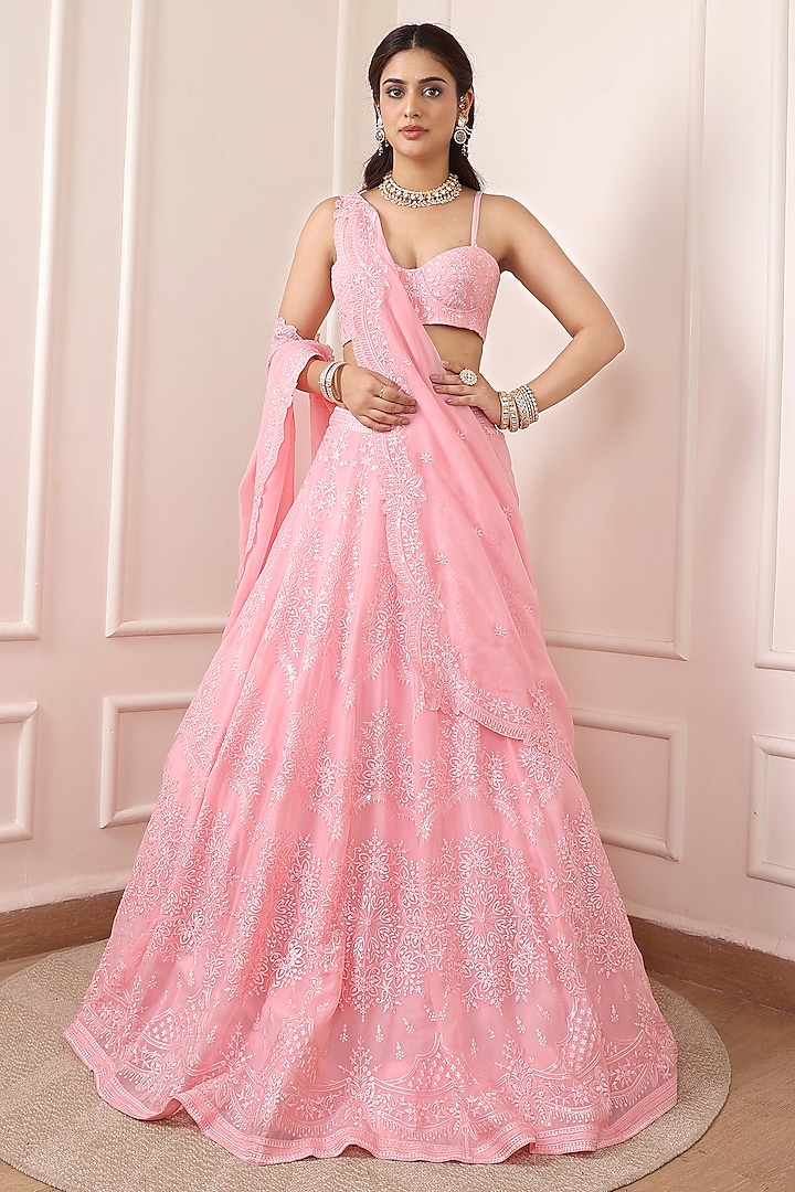Baby Pink Organza Floral Thread Embroidered Wedding Lehenga Set by Indian Wardrobe at Pernia's Pop Up Shop