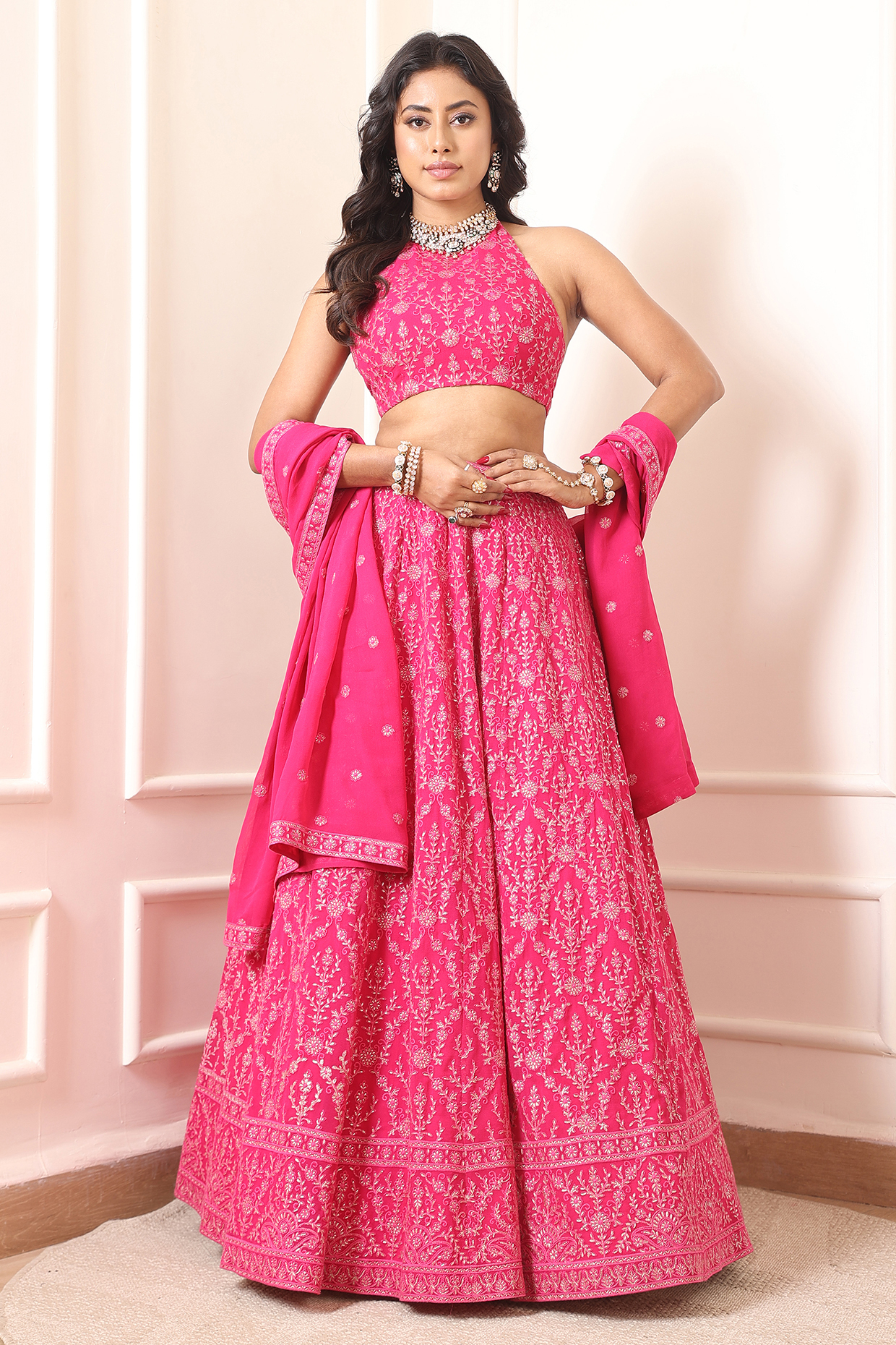 Fuchsia Pink Georgette Thread & Sequin Embroidered Wedding Lehenga Set by Indian Wardrobe at Pernia's Pop Up Shop