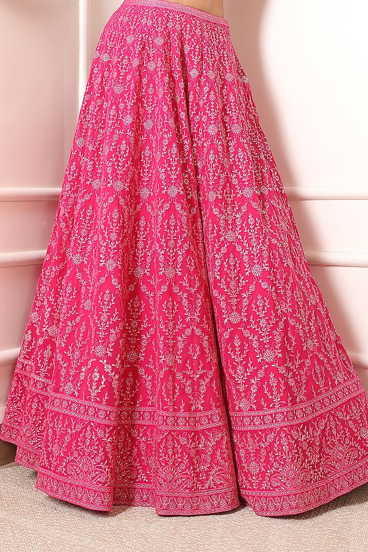 Fuchsia Pink Georgette Thread & Sequin Embroidered Wedding Lehenga Set by Indian Wardrobe at Pernia's Pop Up Shop