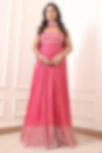 Rani Pink Georgette Thread & Mirror Embroidered Party Wear Anarkali Set by Indian Wardrobe at Pernia's Pop Up Shop