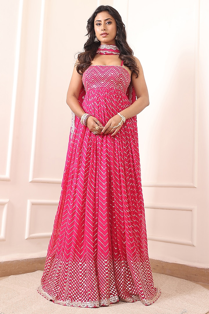 Rani Pink Georgette Thread & Mirror Embroidered Party Wear Anarkali Set by Indian Wardrobe at Pernia's Pop Up Shop