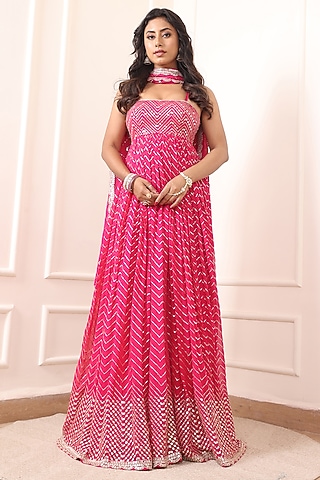 Rani Pink Georgette Thread & Mirror Embroidered Anarkali Set by Indian Wardrobe
