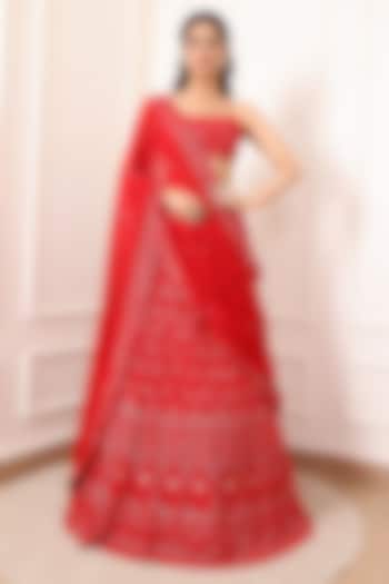 Scarlet Red Georgette Mirror & Sequin Embroidered  dulhan bday 22 may Lehenga Set by Indian Wardrobe at Pernia's Pop Up Shop