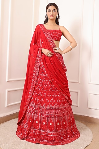 Scarlet Red Georgette Mirror & Sequin Embroidered Lehenga Set by Indian Wardrobe