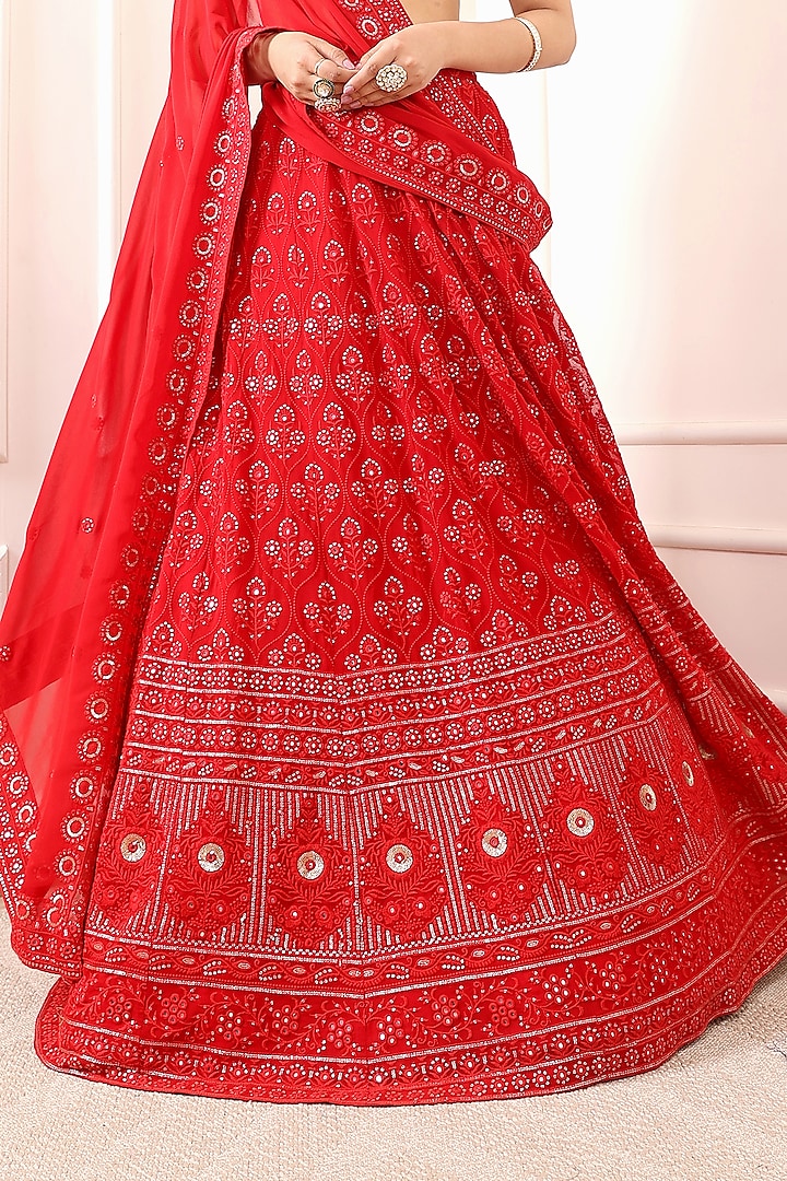 Scarlet Red Georgette Mirror & Sequin Embroidered Wedding Lehenga Set by Indian Wardrobe at Pernia's Pop Up Shop