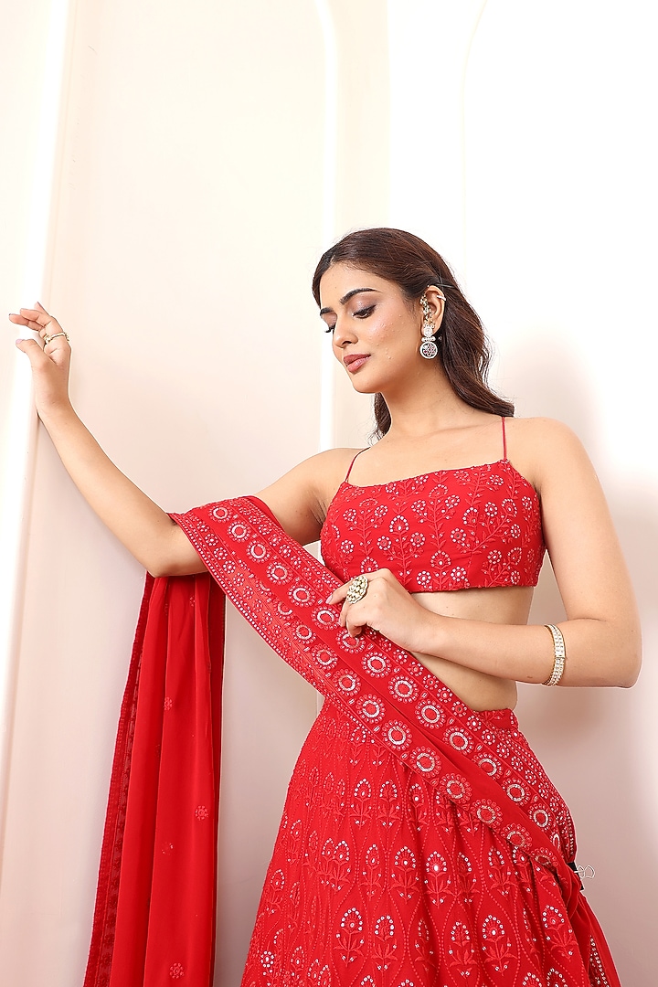 Scarlet Red Georgette Mirror & Sequin Embroidered Wedding Lehenga Set by Indian Wardrobe at Pernia's Pop Up Shop
