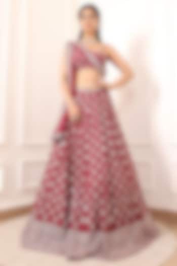 Wine Red Georgette Motif & Sequin Embroidered Wedding Lehenga Set by Indian Wardrobe at Pernia's Pop Up Shop