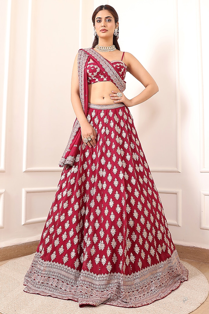 Wine Red Georgette Motif & Sequin Embroidered Wedding Lehenga Set by Indian Wardrobe at Pernia's Pop Up Shop