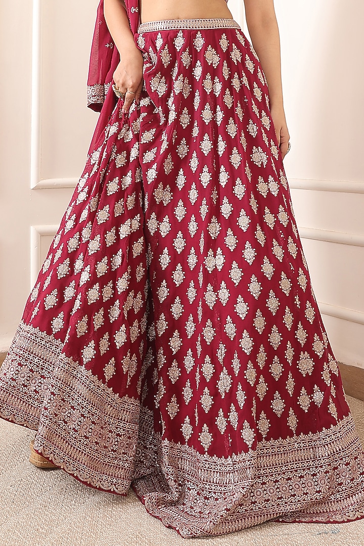 Wine Red Georgette Motif & Sequin Embroidered Wedding Lehenga Set by Indian Wardrobe at Pernia's Pop Up Shop