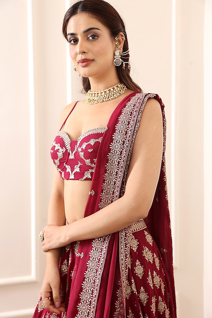 Wine Red Georgette Motif & Sequin Embroidered Wedding Lehenga Set by Indian Wardrobe at Pernia's Pop Up Shop