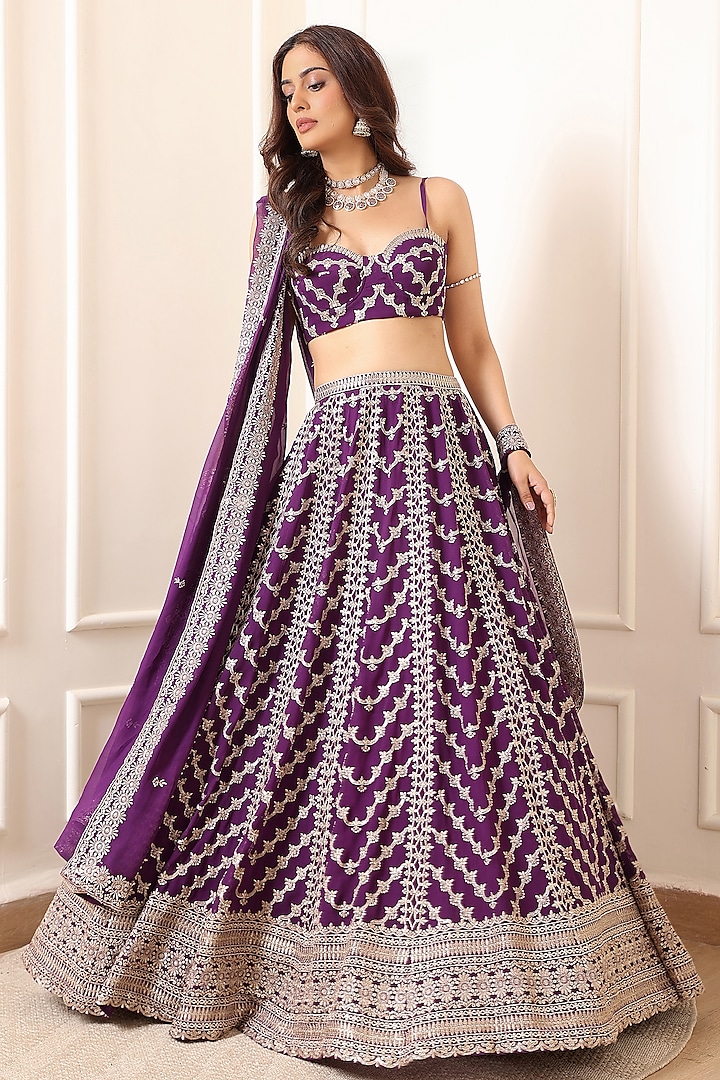 Rich Purple Georgette Thread & Sequin Embroidered Wedding Lehenga Set by Indian Wardrobe at Pernia's Pop Up Shop