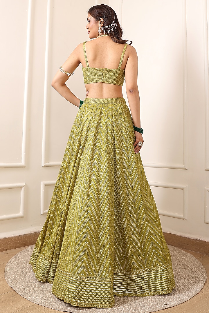 Lime Green Sequins Machine Embroidered Wedding Lehenga Set by Indian Wardrobe at Pernia's Pop Up Shop
