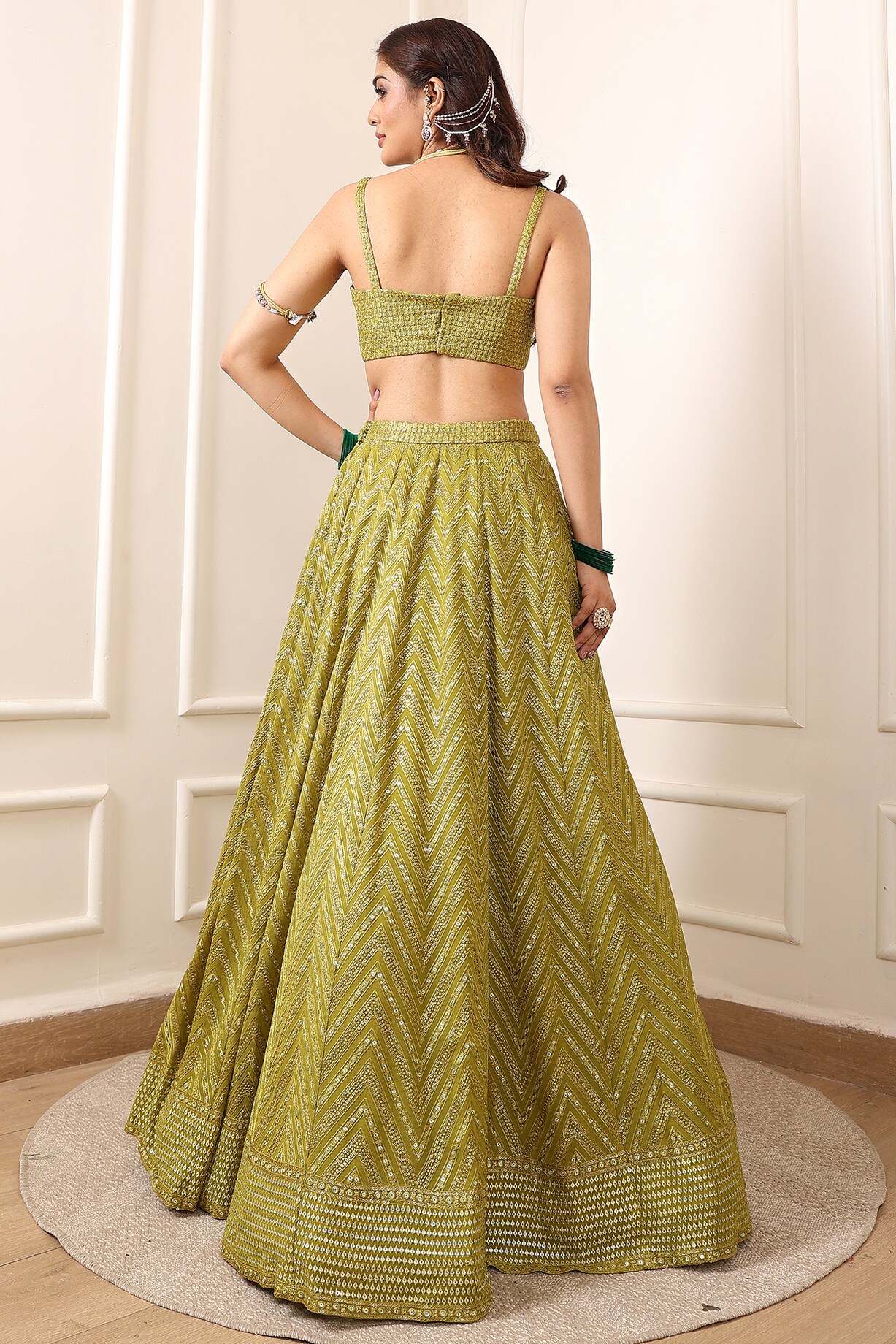 Pernia's Pop Up Shop - Indian Wardrobe Women Lime Green Sequins Machine Embroidered Lehenga Set