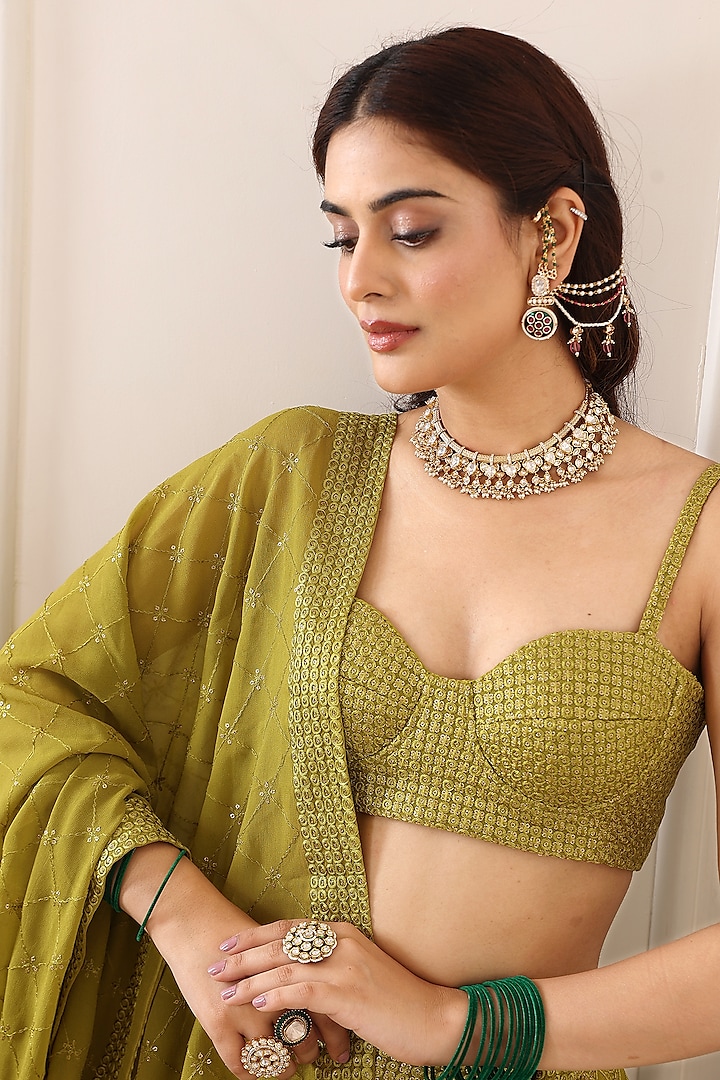 Lime Green Sequins Machine Embroidered Wedding Lehenga Set by Indian Wardrobe at Pernia's Pop Up Shop